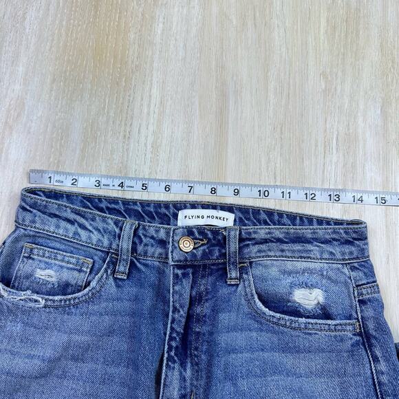 Flying Monkey Distressed Medium Wash Fray Hem Relaxed Straight Mom Jeans 26 - Picture 11 of 16